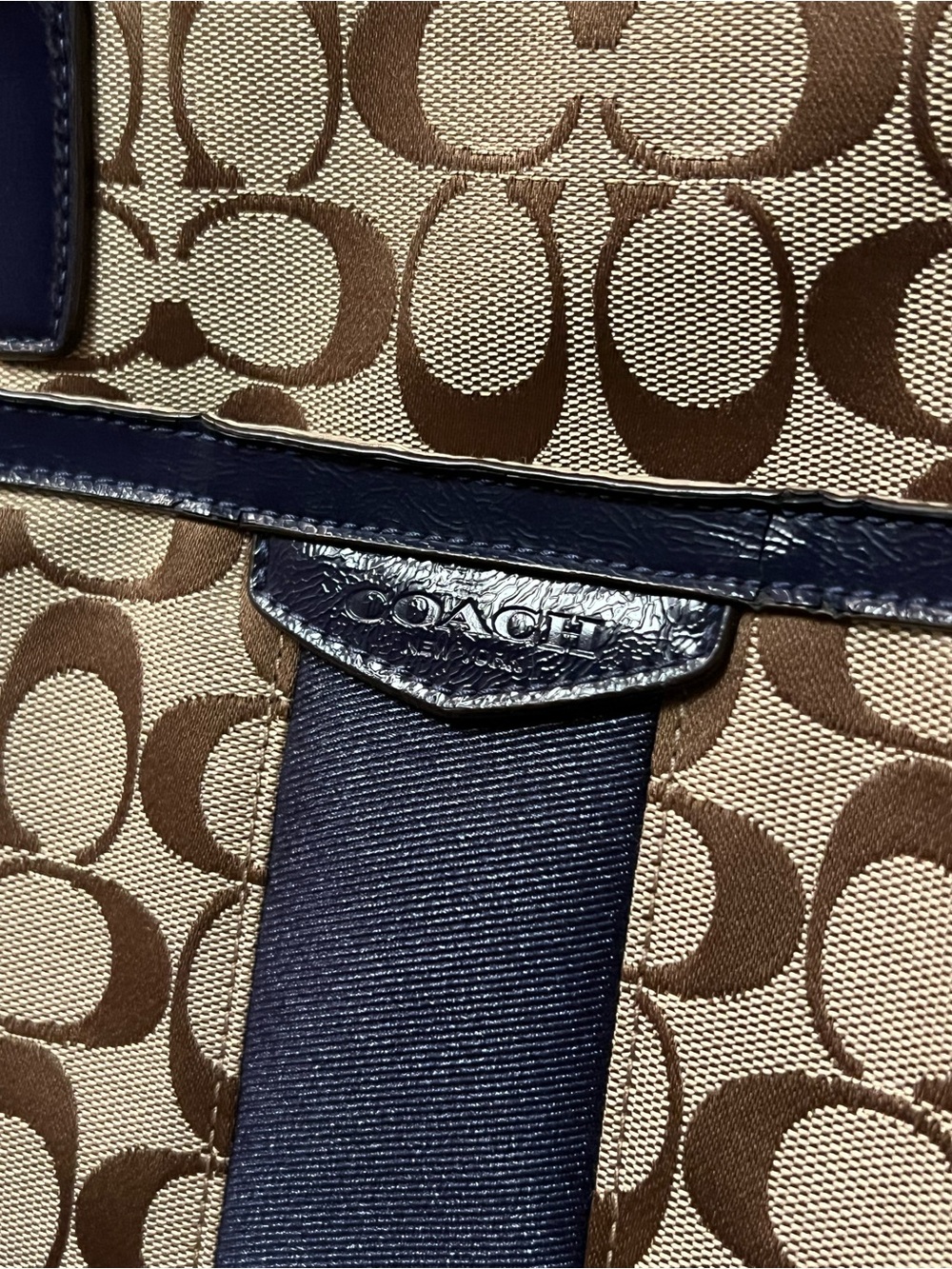 Coach monogram logo canvas shoulder handbag with blue trim and handles - Picture 7 of 8